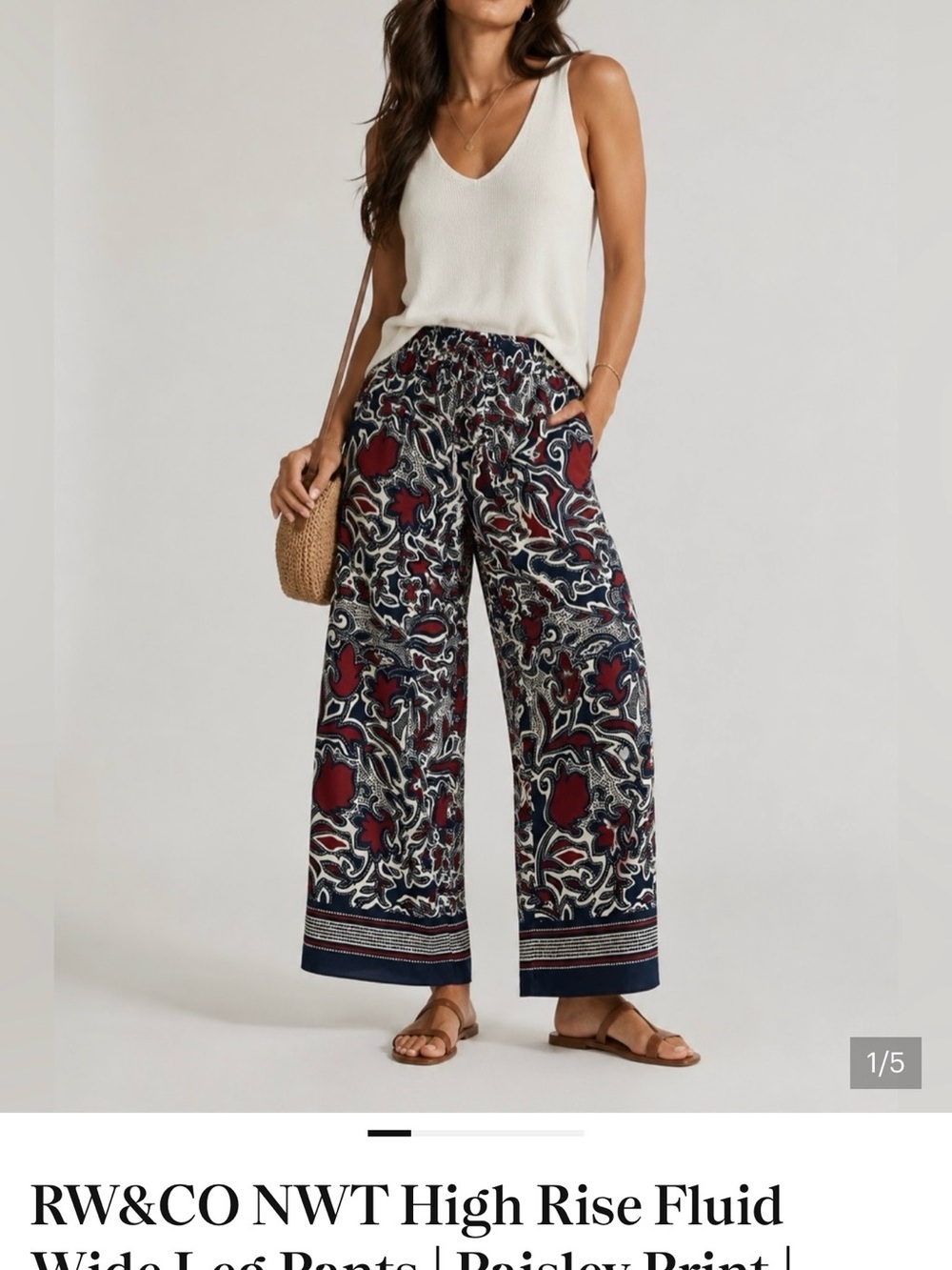 RW&CO NWT High Rise Fluid Wide Leg Pants | Paisley Print | Pull-On | Size Large
